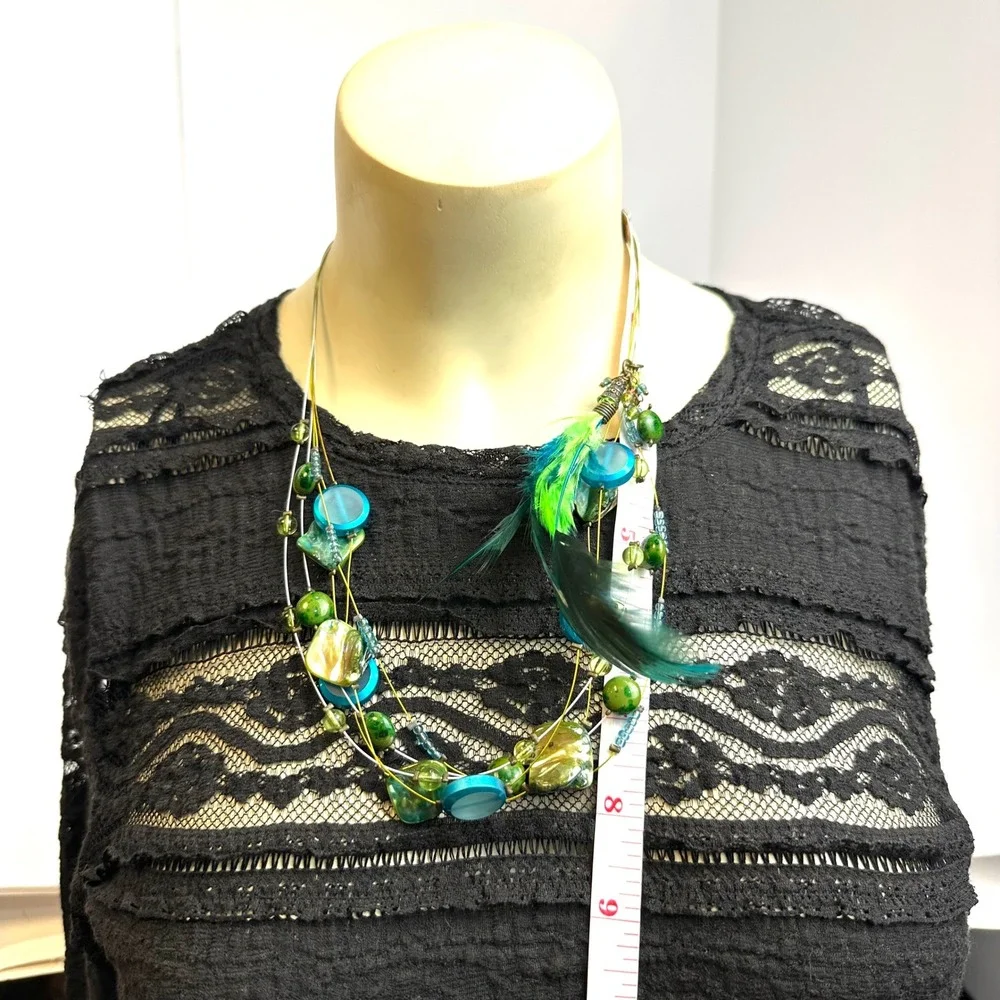 Boho Multi Strand Feather Necklace Turquoise Green Shell Bead Layered‎ Statement